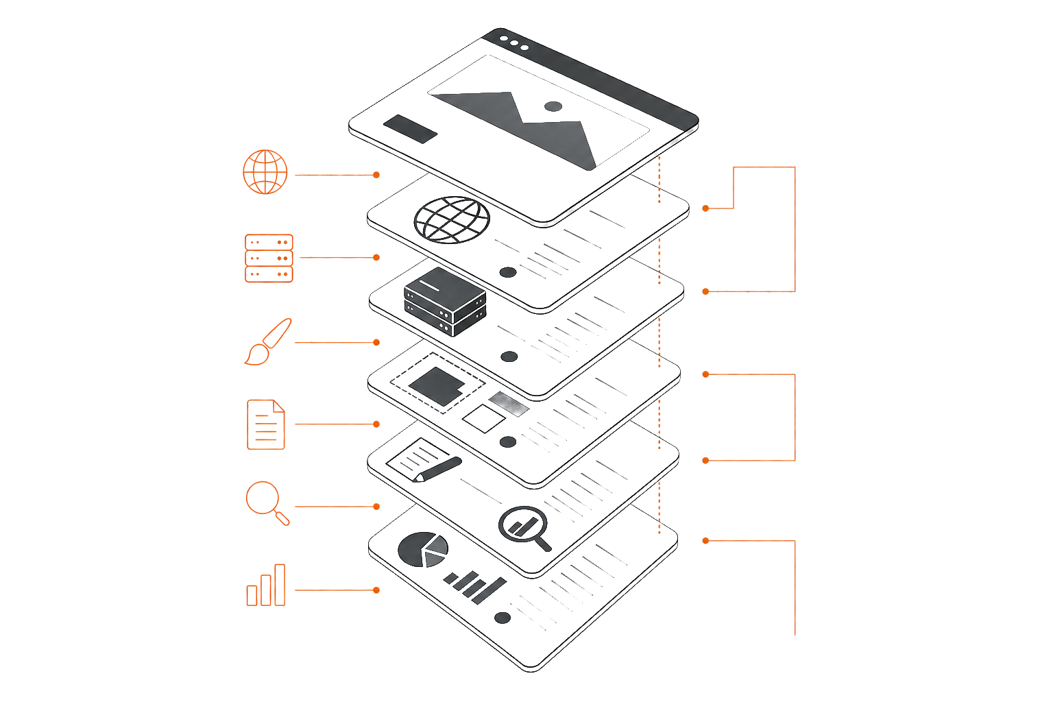 Digital-art exploded modular website stack with orange ledger lines
