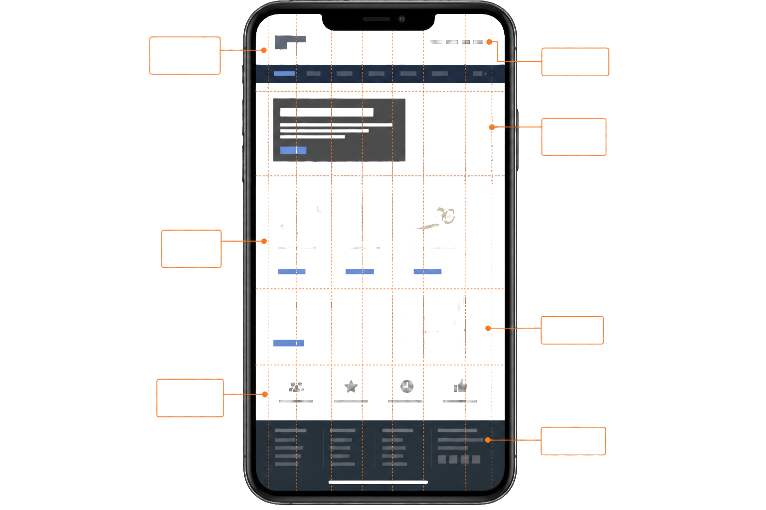 Digital-art smartphone audit showing a broken local business website with orange diagnostic callouts